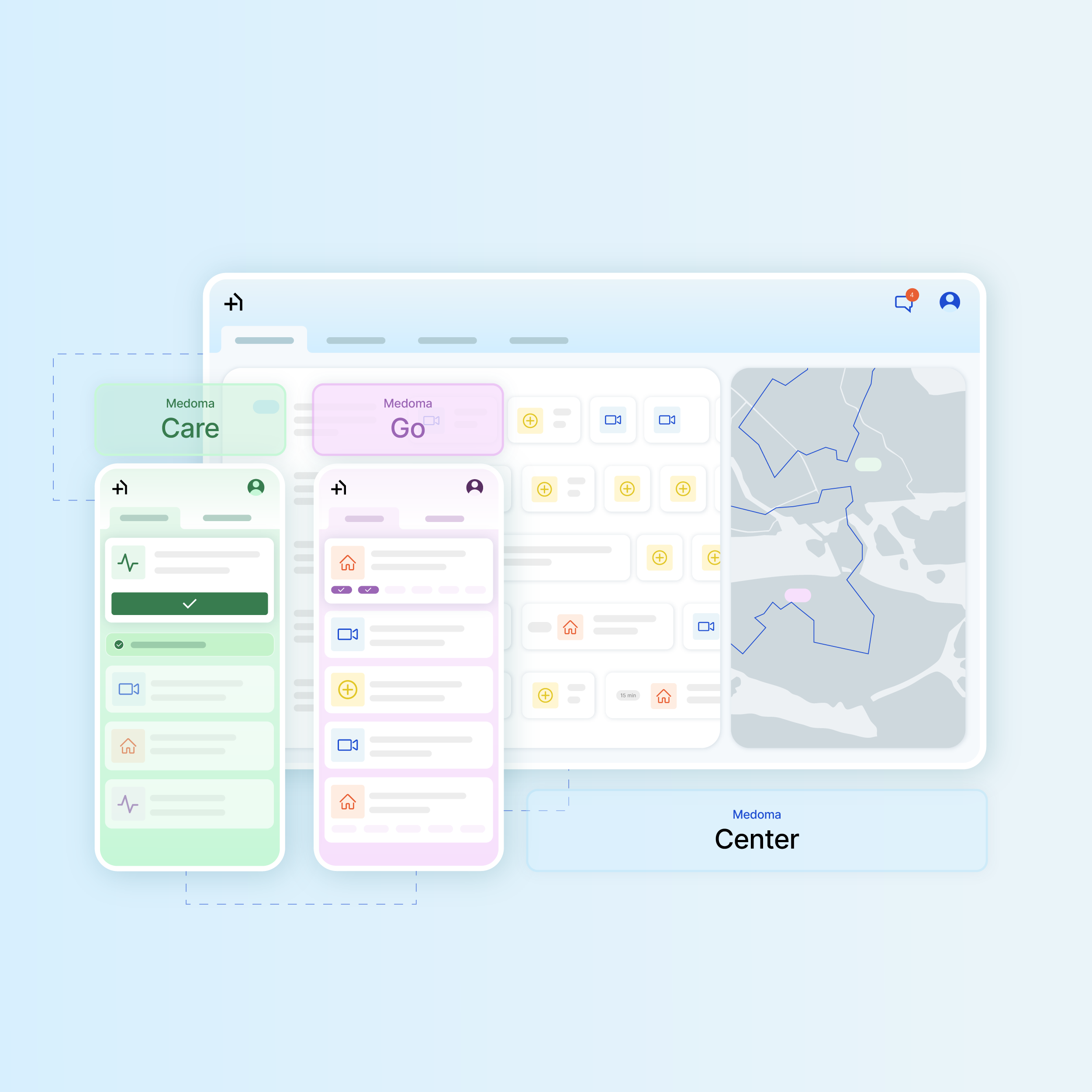 mockups displaying medoma center, care and go platforms
